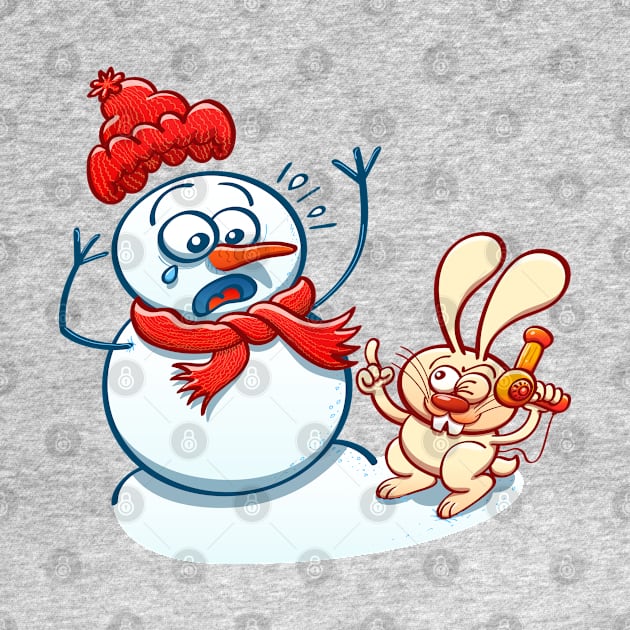 Naughty bunny stealing the carrot nose of a Christmas snowman with a hair dryer by zooco